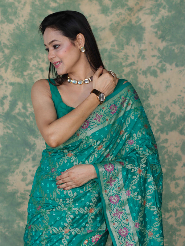 Banarasee Handloom Semi Silk Bandhej Saree With Broad Zari Floral Border-Turquoise Green