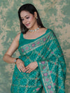 Banarasee Handloom Semi Silk Bandhej Saree With Broad Zari Floral Border-Turquoise Green