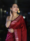 Banarasee Handloom Semi Silk Plain Saree With Floral Zari Border-Deep Maroon