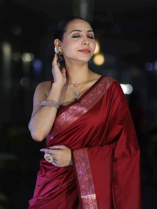 Banarasee Handloom Semi Silk Plain Saree With Floral Zari Border-Deep Maroon
