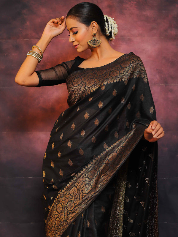 Banarasee Semi-Chiffon Saree With Antique Gold Zari Work-Black