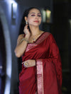 Banarasee Handloom Semi Silk Plain Saree With Floral Zari Border-Deep Maroon