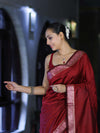 Banarasee Handloom Semi Silk Plain Saree With Floral Zari Border-Deep Maroon