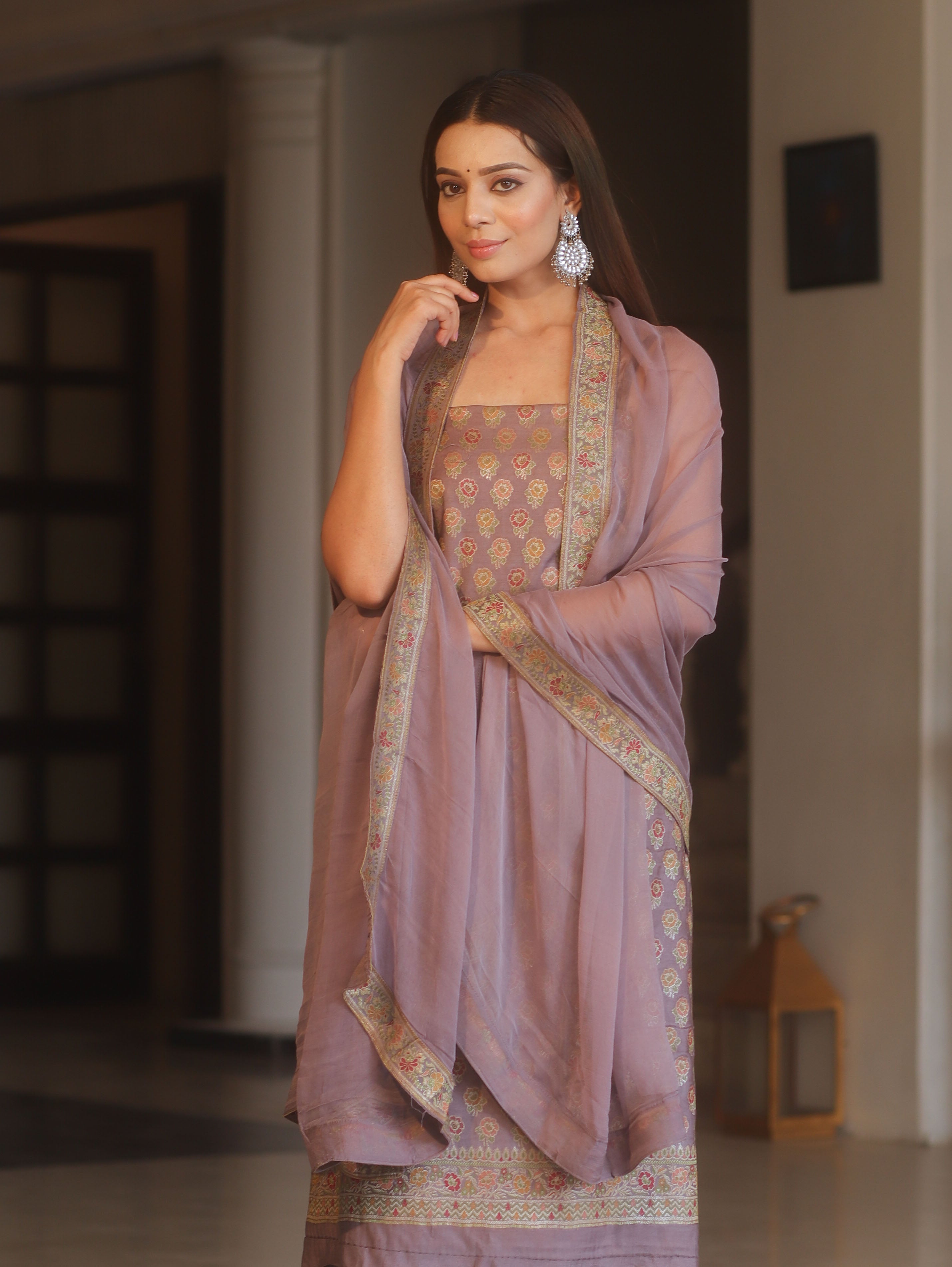 Banarasee Art Silk Resham Design Salwar Kameez With Chiffon Dupatta Set-Mauve