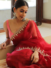 Banarasee Organza Silk Scallop Border Saree & Contrast Blouse-Maroon
