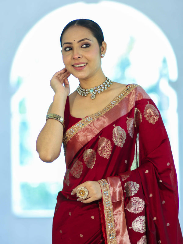 Banarasee Handloom Semi Silk Saree With Sona Rupa Zari Buti Design & Lace Border-Maroon