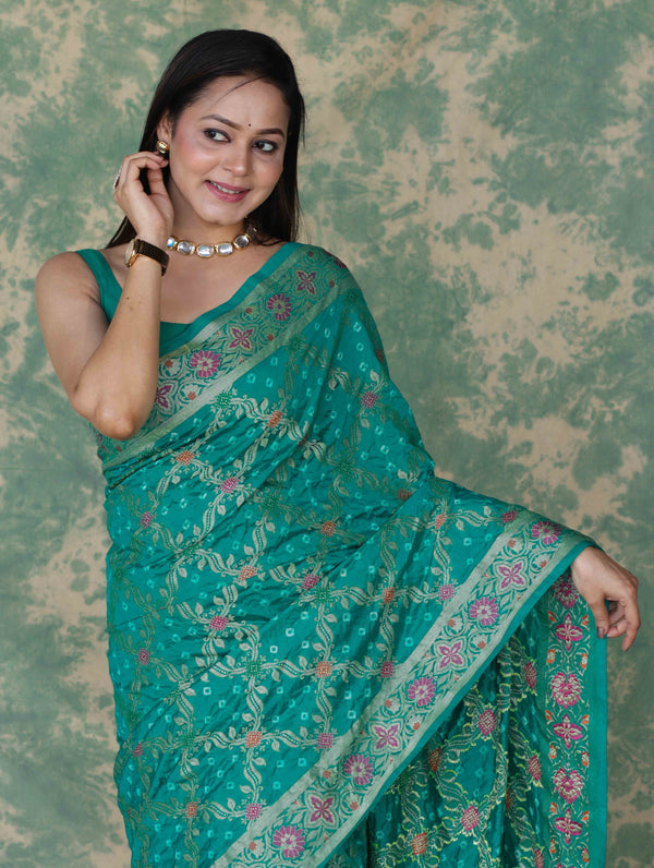 Banarasee Handloom Semi Silk Bandhej Saree With Broad Zari Floral Border-Turquoise Green