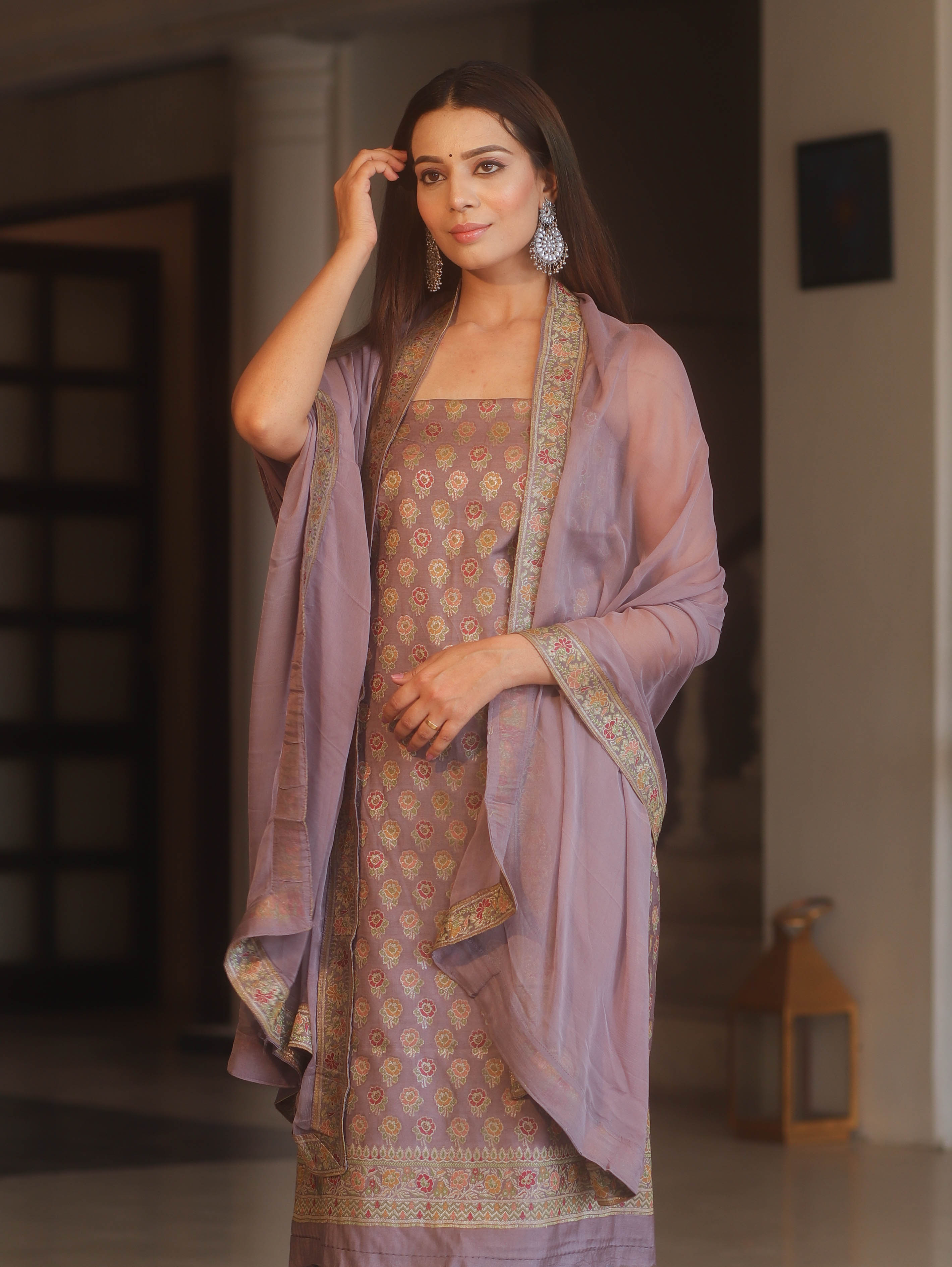Banarasee Art Silk Resham Design Salwar Kameez With Chiffon Dupatta Set-Mauve