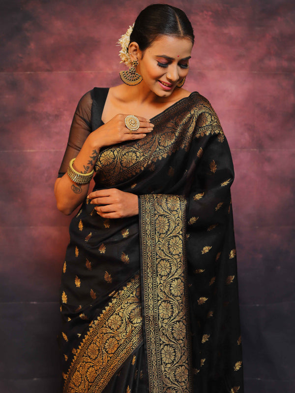 Banarasee Semi-Chiffon Saree With Antique Gold Zari Work-Black
