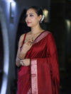 Banarasee Handloom Semi Silk Plain Saree With Floral Zari Border-Deep Maroon