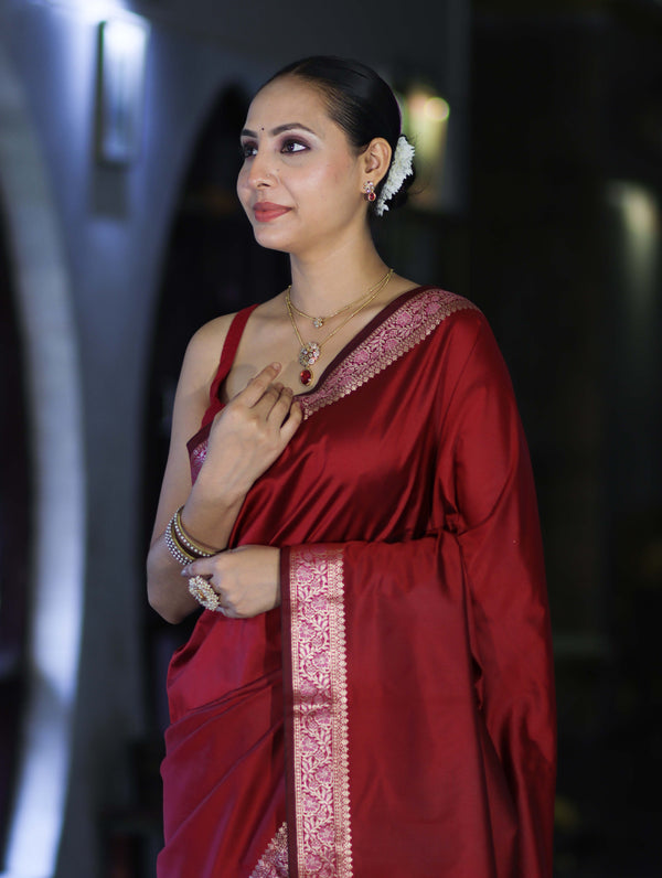 Banarasee Handloom Semi Silk Plain Saree With Floral Zari Border-Deep Maroon
