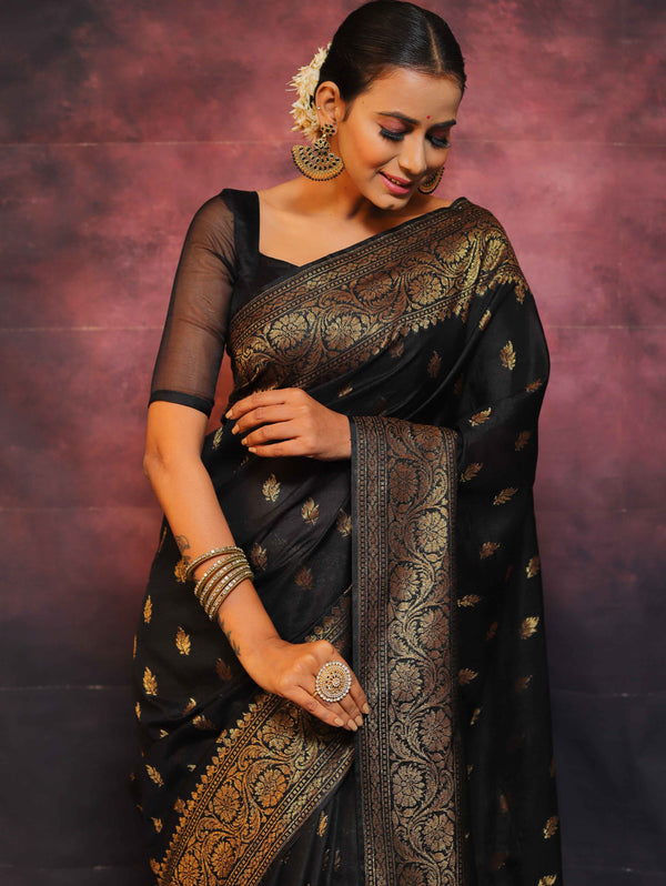 Banarasee Semi-Chiffon Saree With Antique Gold Zari Work-Black