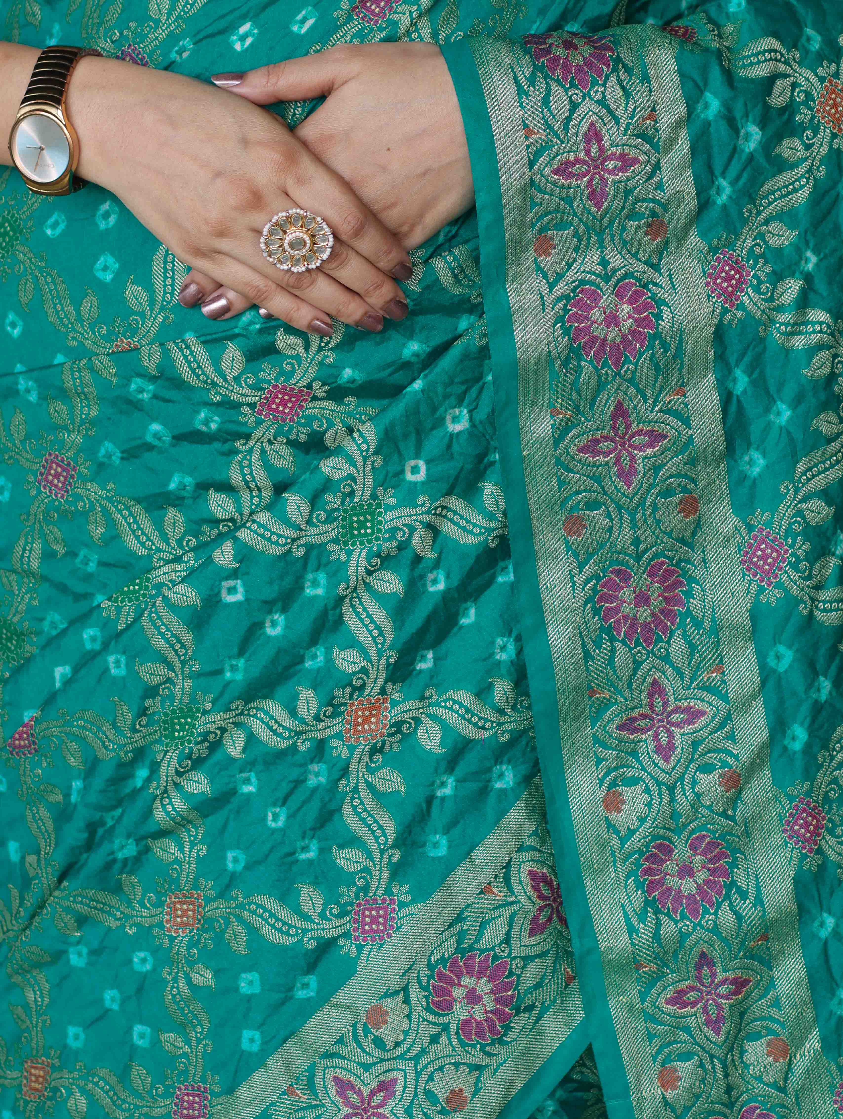 Banarasee Handloom Semi Silk Bandhej Saree With Broad Zari Floral Border-Turquoise Green