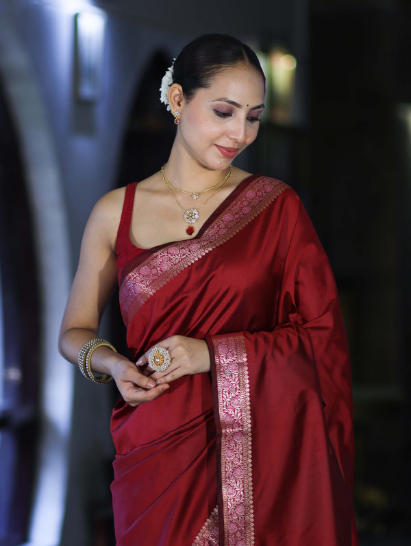 Banarasee Handloom Semi Silk Plain Saree With Floral Zari Border-Deep Maroon