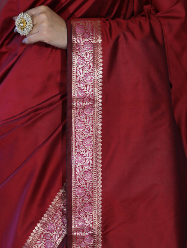 Banarasee Handloom Semi Silk Plain Saree With Floral Zari Border-Deep Maroon
