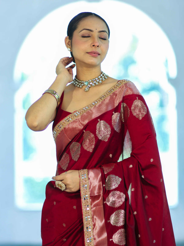 Banarasee Handloom Semi Silk Saree With Sona Rupa Zari Buti Design & Lace Border-Maroon