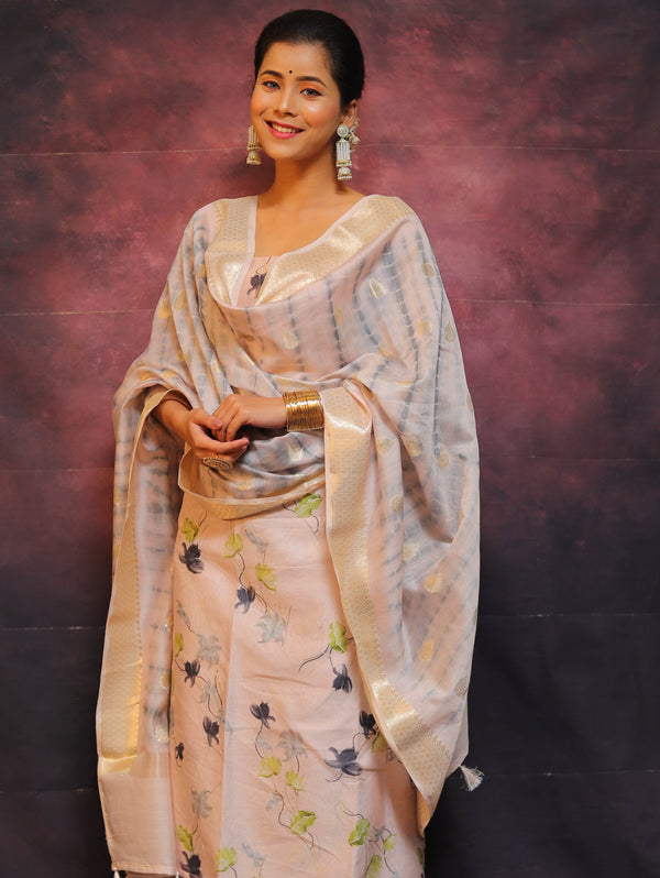 Banarasee Pure Chanderi Salwar Kameez Fabric With Digital Print Work & Shibori Dupatta-Peach