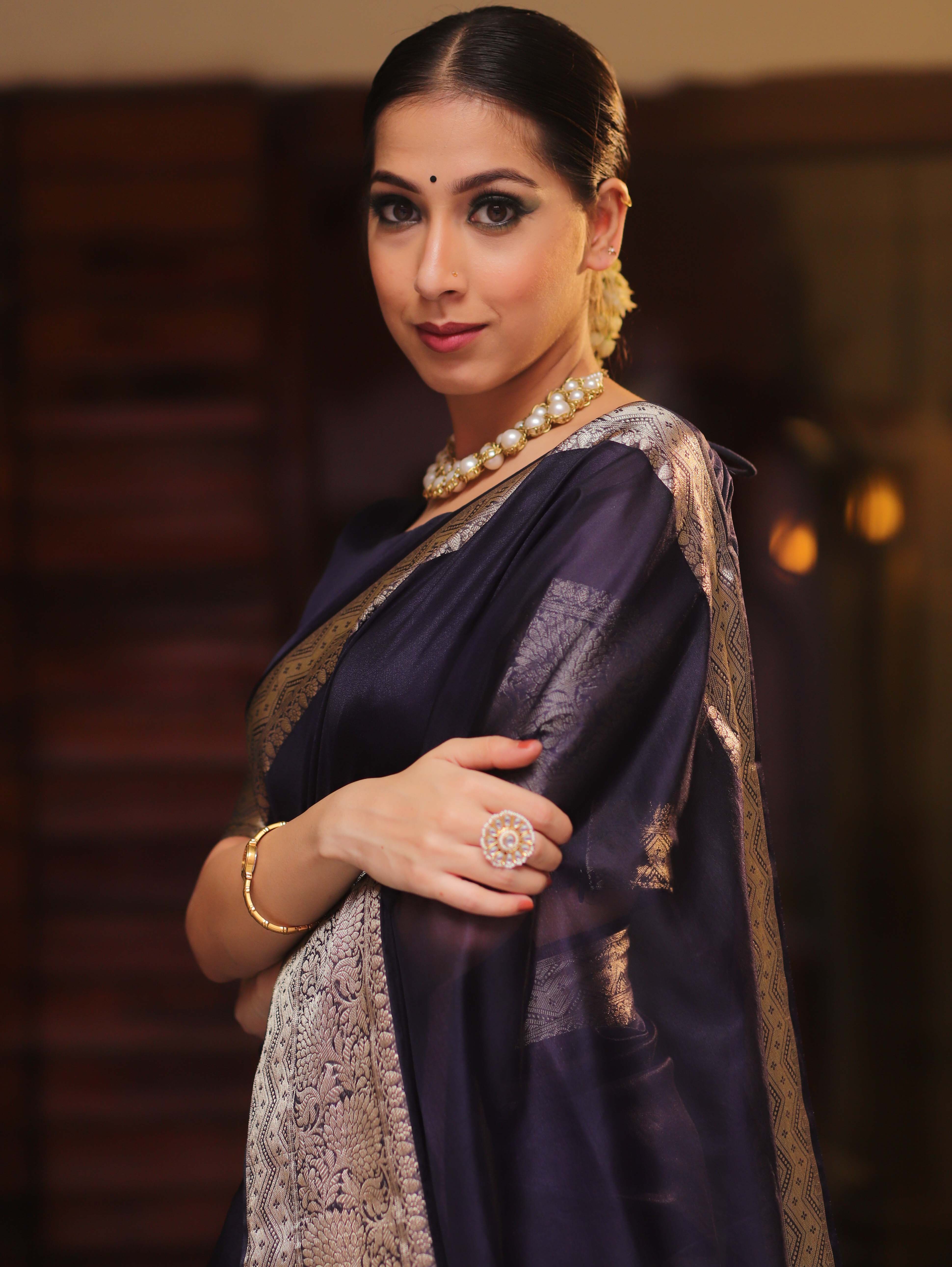 Banarasee Organza Mix Saree With Zari Border-Blue