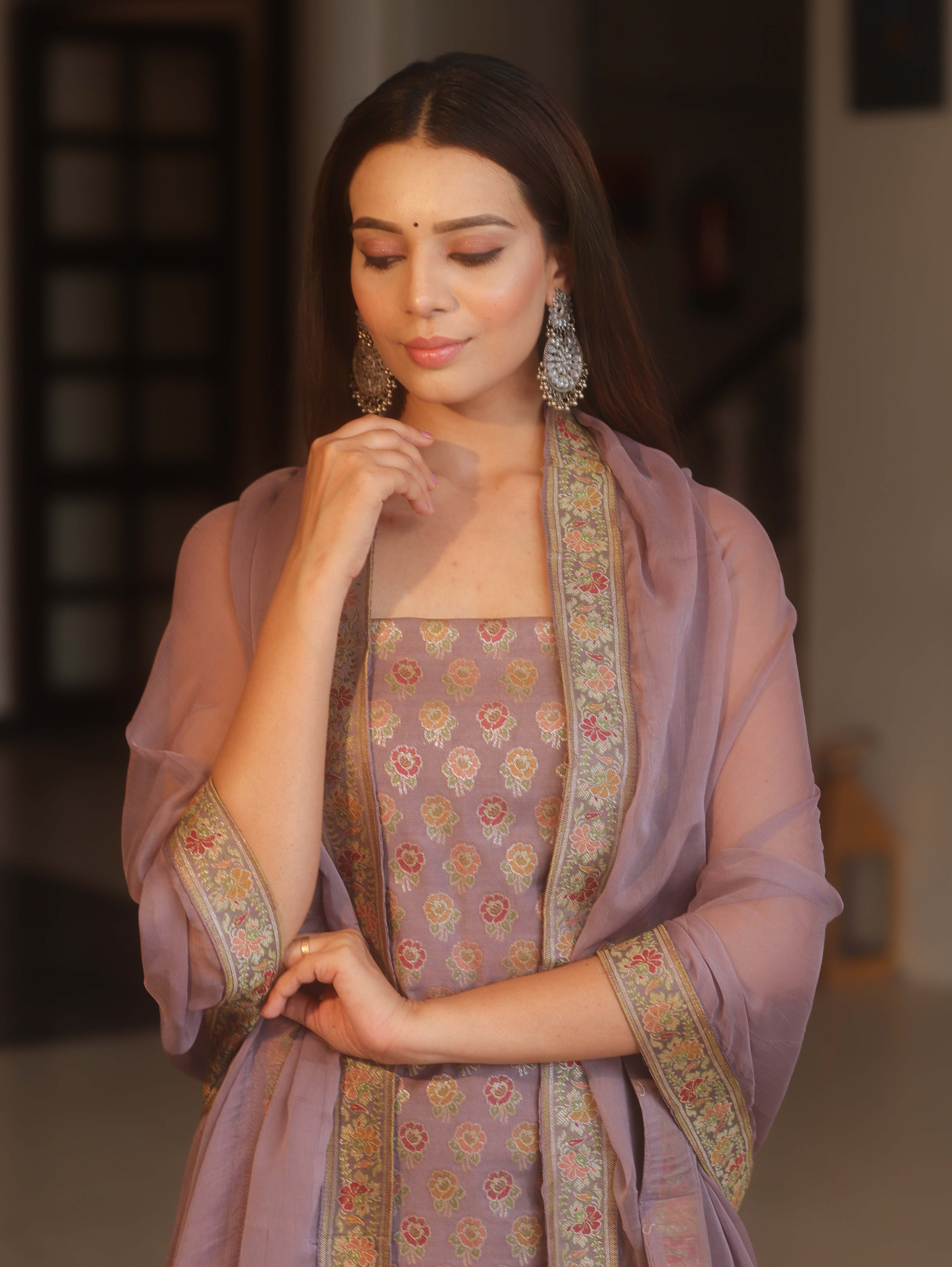 Banarasee Art Silk Resham Design Salwar Kameez With Chiffon Dupatta Set-Mauve