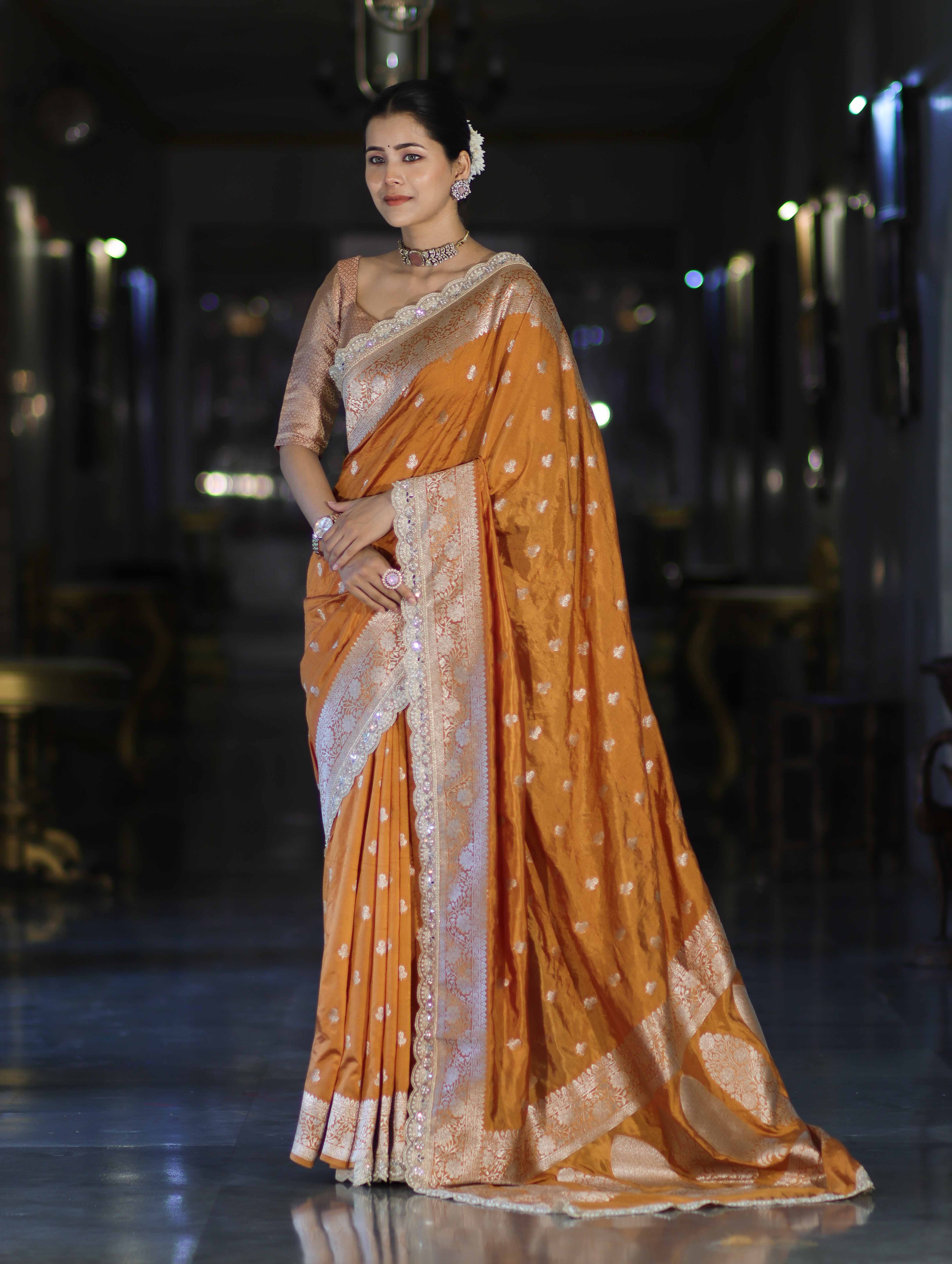 Banarasee Handloom Soft Silk Saree With Zari Buti Design Floral Border & Lace-Yellow