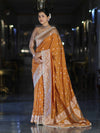 Banarasee Handloom Soft Silk Saree With Zari Buti Design Floral Border & Lace-Yellow