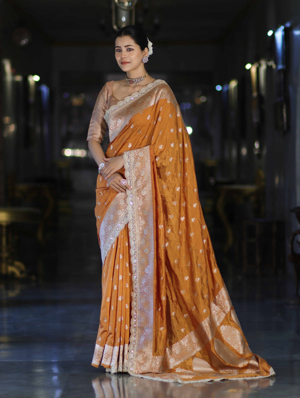 Banarasee Handloom Soft Silk Saree With Zari Buti Design Floral Border & Lace-Yellow