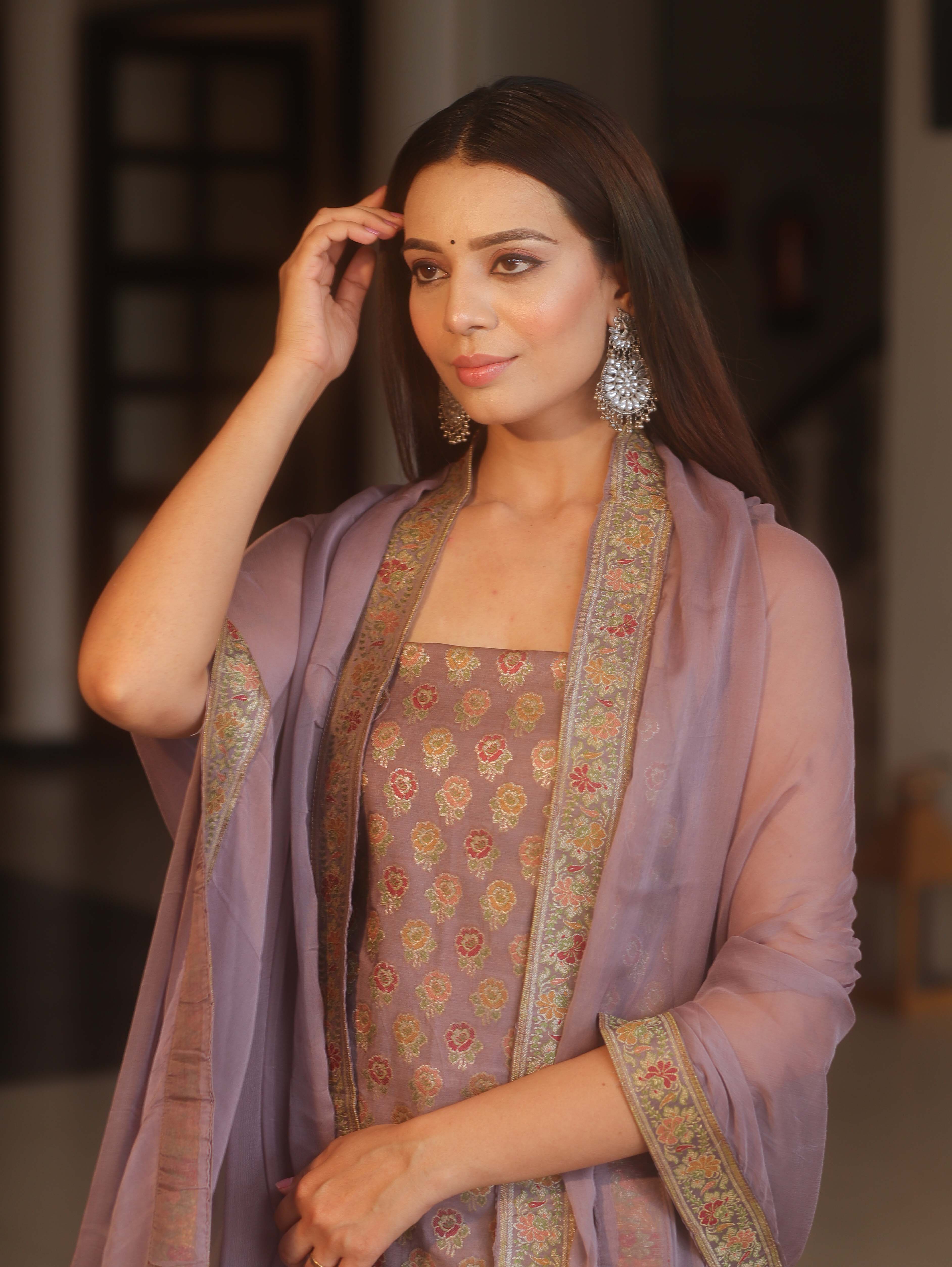 Banarasee Art Silk Resham Design Salwar Kameez With Chiffon Dupatta Set-Mauve