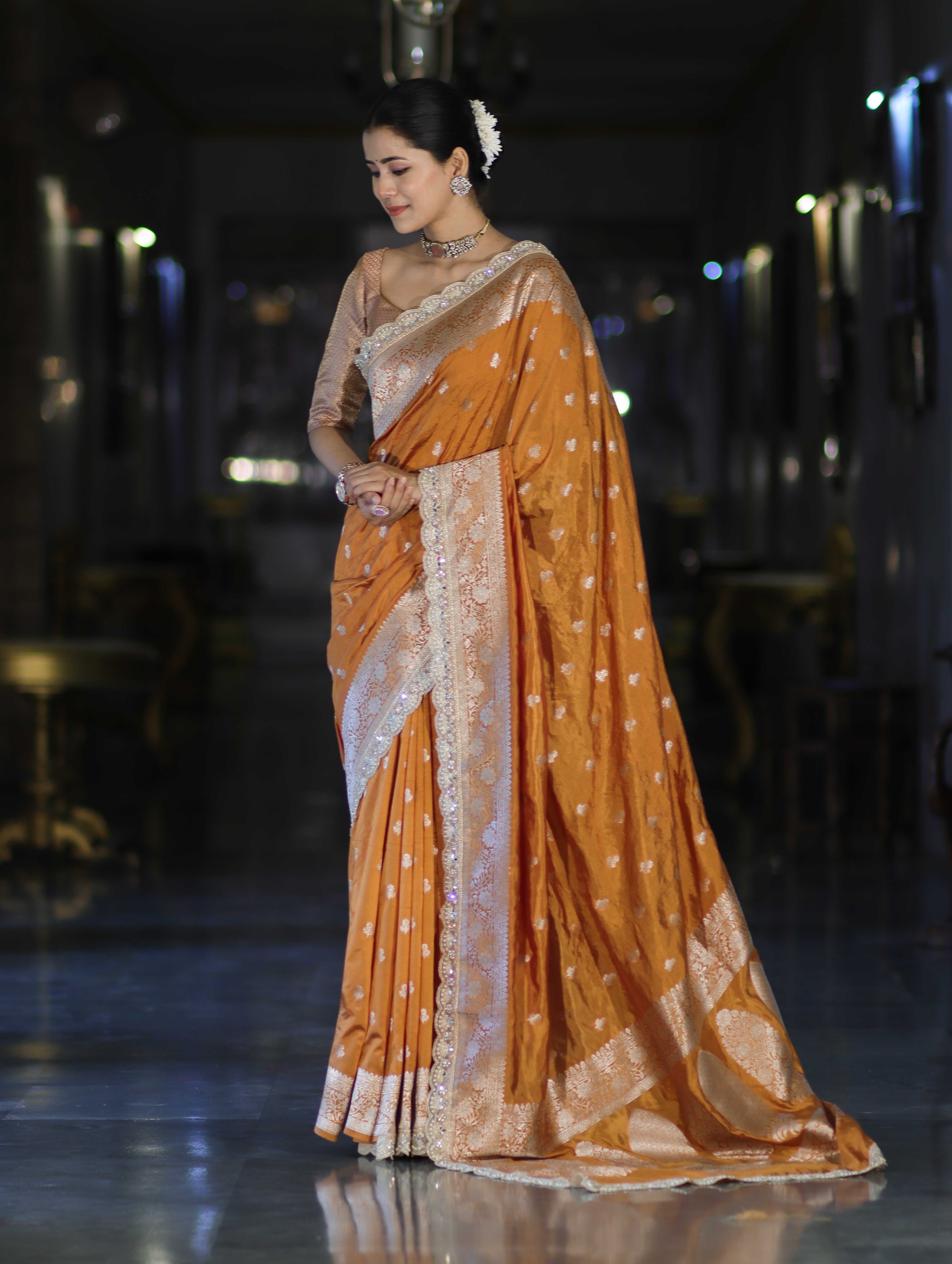 Banarasee Handloom Soft Silk Saree With Zari Buti Design Floral Border & Lace-Yellow