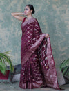 Banarasee Handloom Semi Silk Saree With Zari Jaal Work & Floral Border-Burgundy