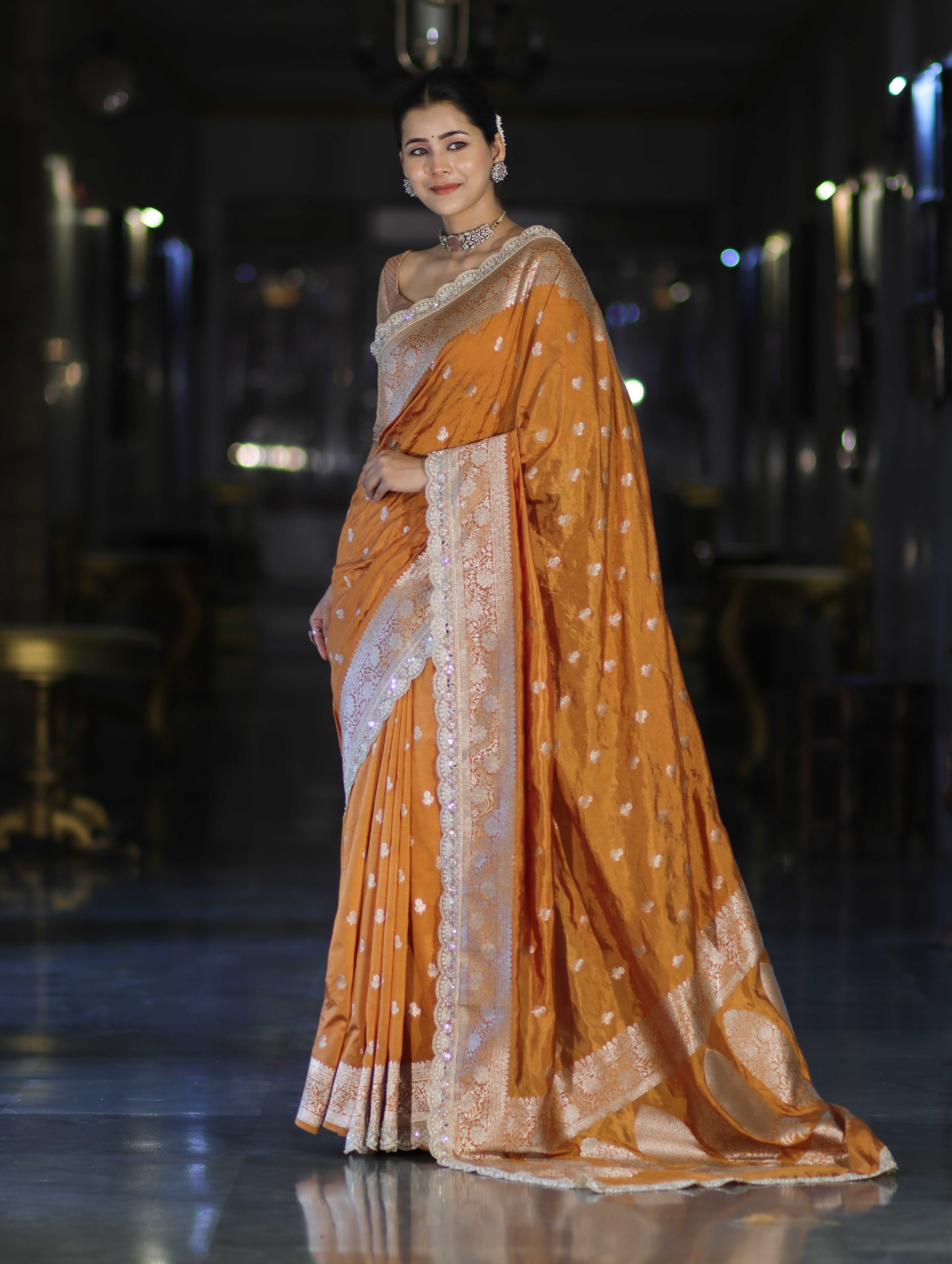 Banarasee Handloom Soft Silk Saree With Zari Buti Design Floral Border & Lace-Yellow