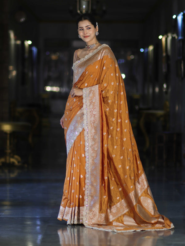 Banarasee Handloom Soft Silk Saree With Zari Buti Design Floral Border & Lace-Yellow