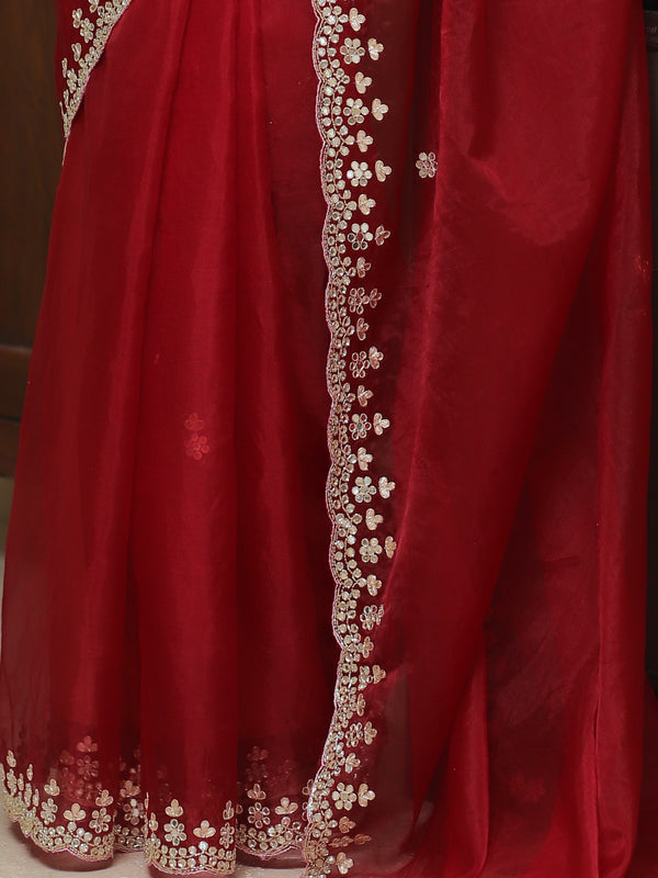 Banarasee Organza Silk Scallop Border Saree & Contrast Blouse-Maroon