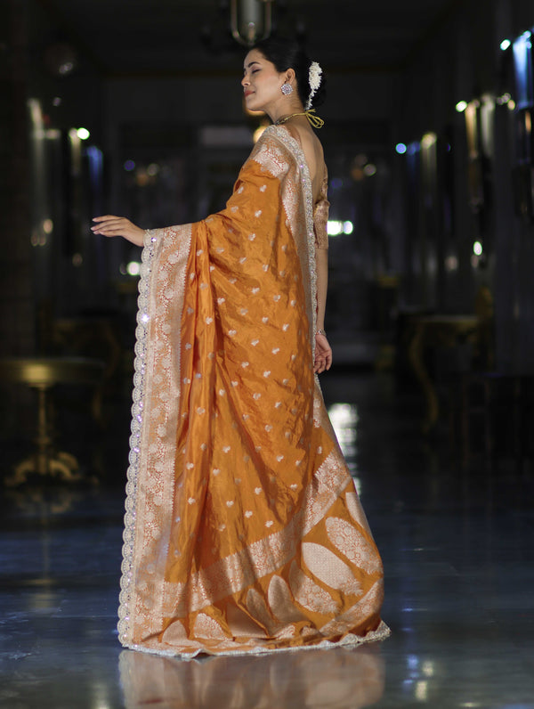 Banarasee Handloom Soft Silk Saree With Zari Buti Design Floral Border & Lace-Yellow