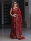 Banarasee Pure Chiffon Saree With Antique Zari Buti Design & Border-Maroon