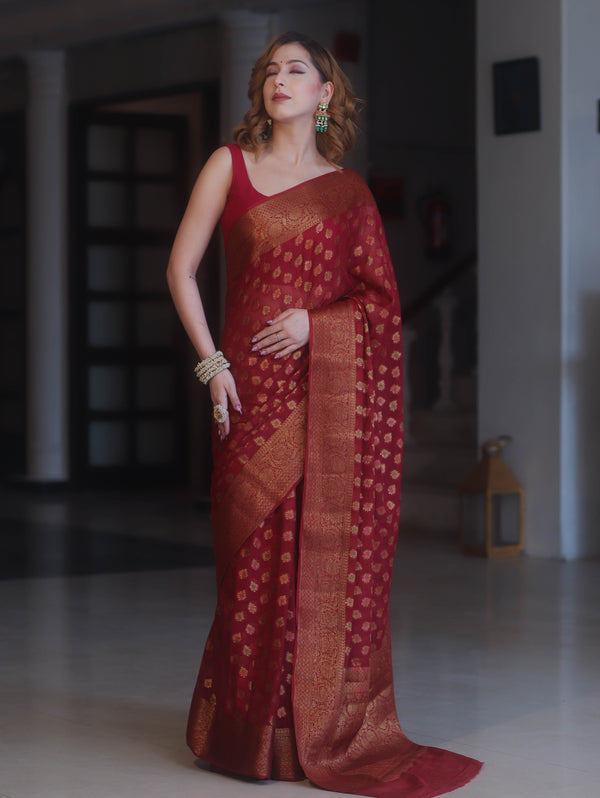 Banarasee Pure Chiffon Saree With Antique Zari Buti Design & Border-Maroon
