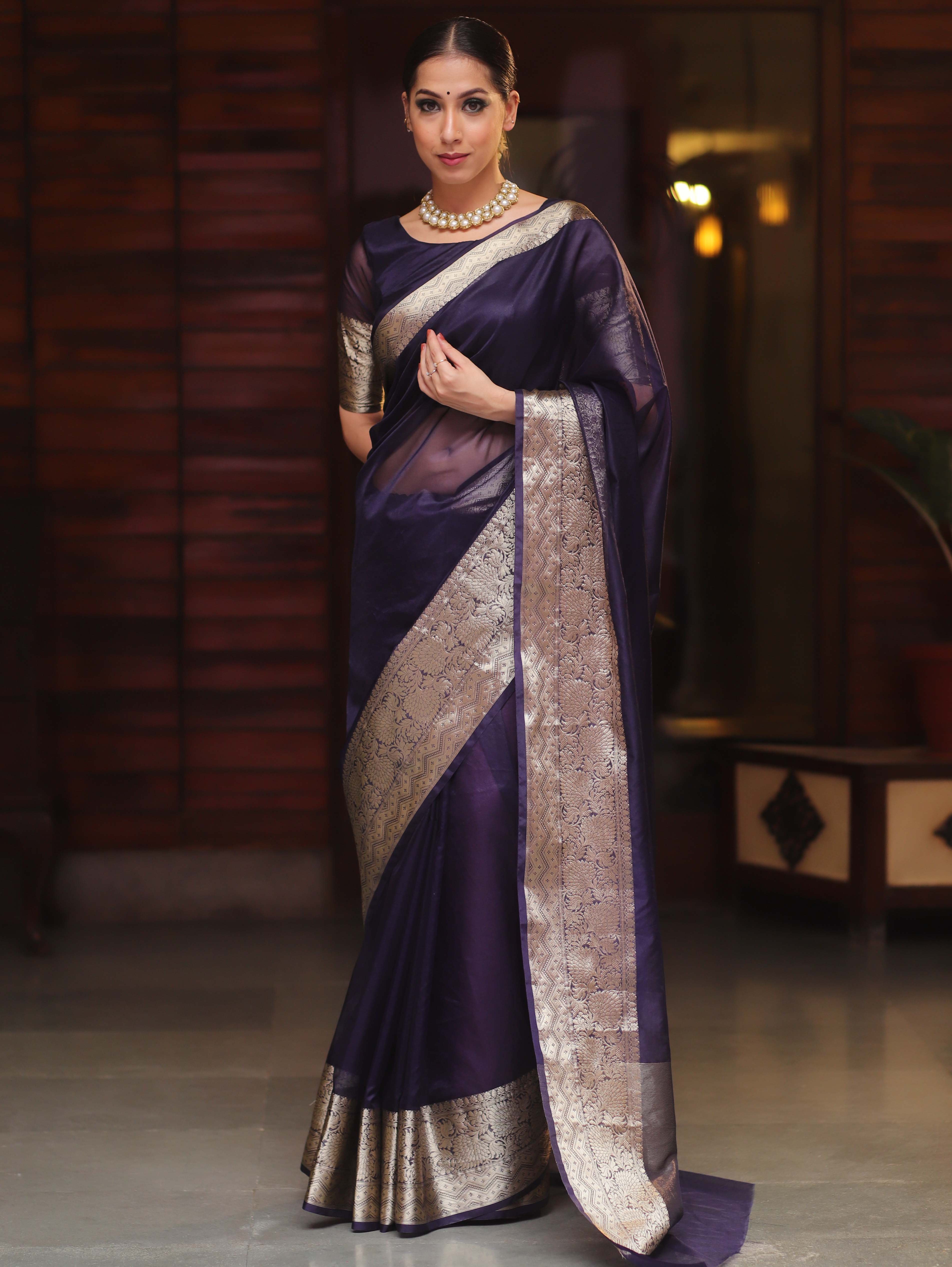 Banarasee Organza Mix Saree With Zari Border-Blue