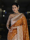 Banarasee Handloom Soft Silk Saree With Zari Buti Design Floral Border & Lace-Yellow