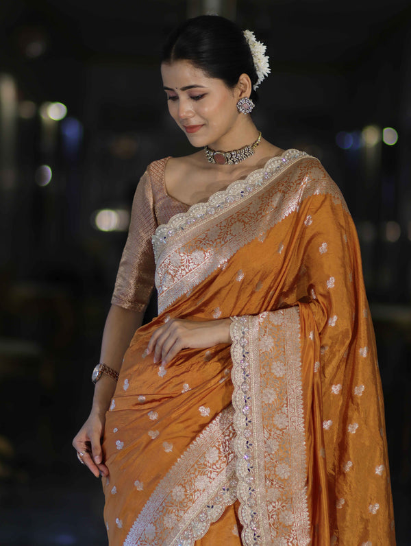 Banarasee Handloom Soft Silk Saree With Zari Buti Design Floral Border & Lace-Yellow