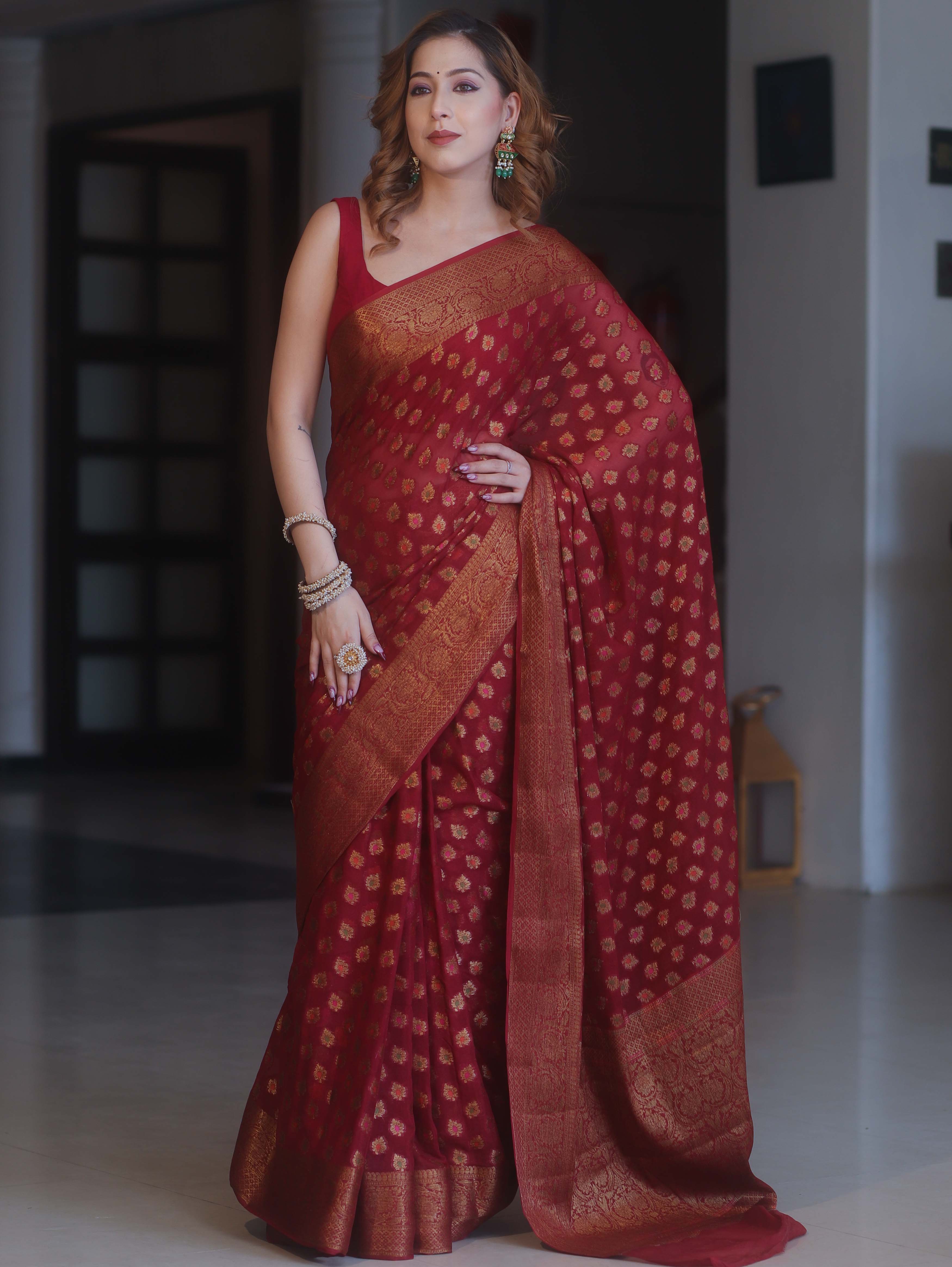 Banarasee Pure Chiffon Saree With Antique Zari Buti Design & Border-Maroon