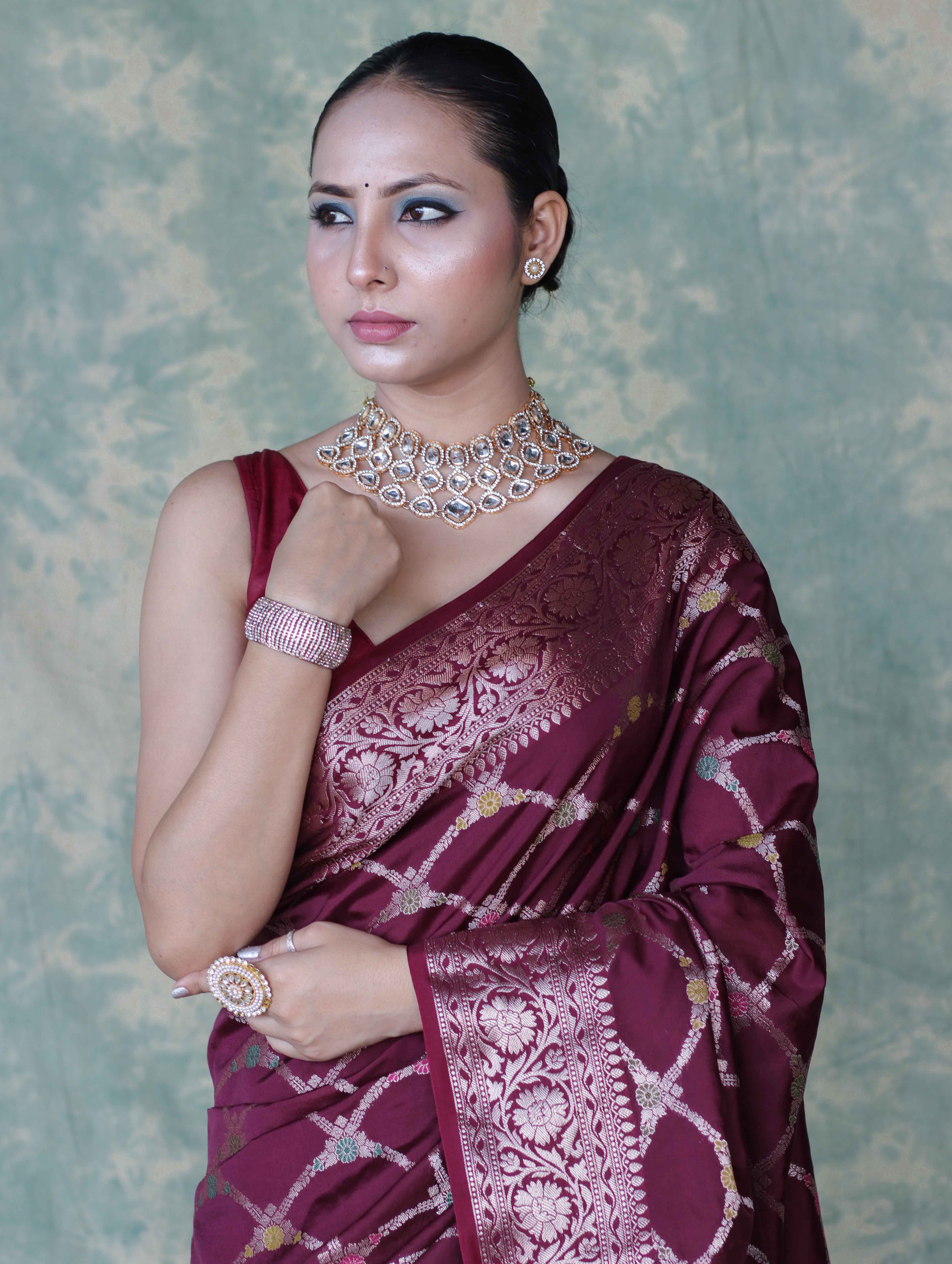 Banarasee Handloom Semi Silk Saree With Zari Jaal Work & Floral Border-Burgundy