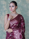 Banarasee Handloom Semi Silk Saree With Zari Jaal Work & Floral Border-Burgundy