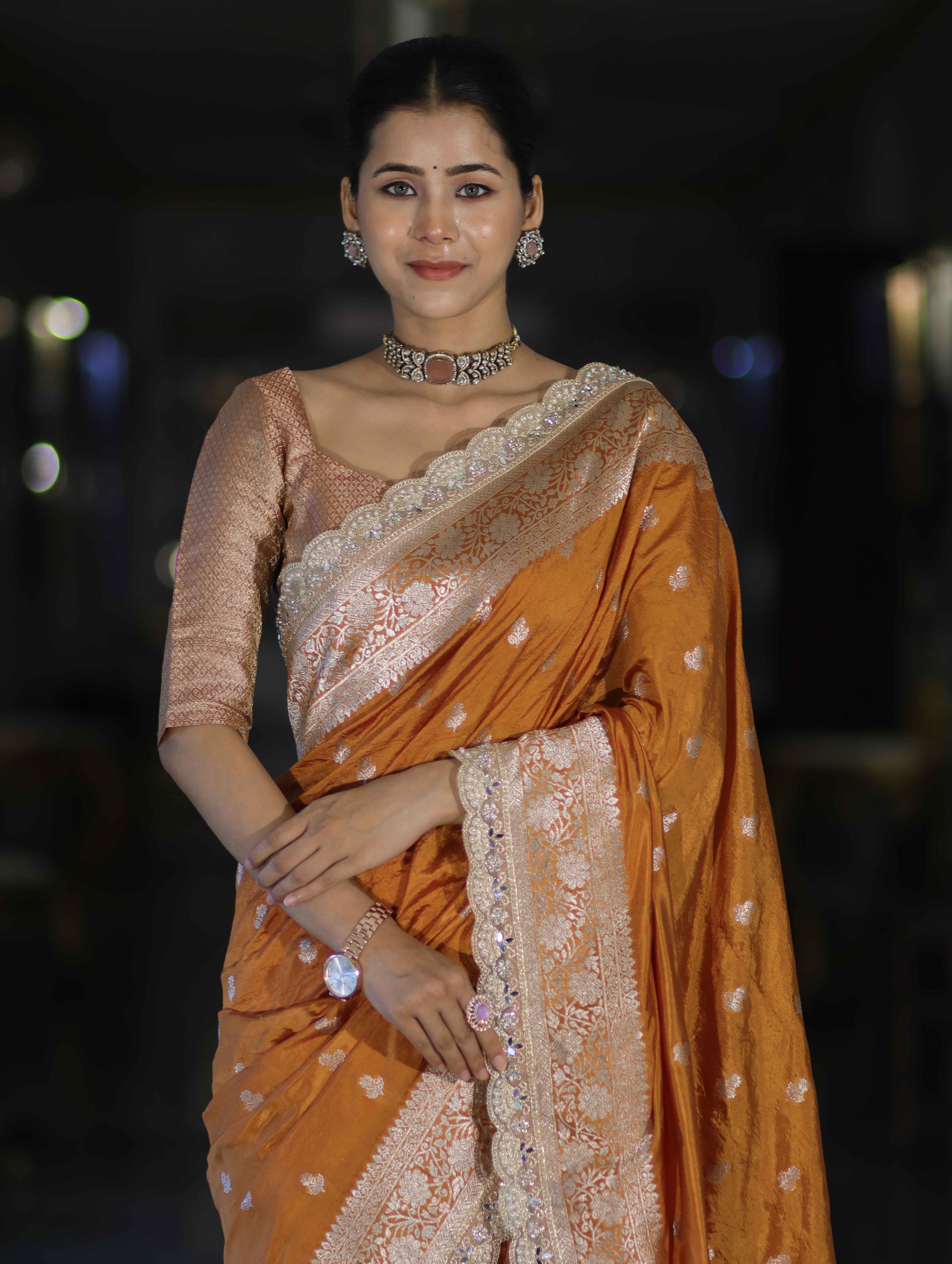 Banarasee Handloom Soft Silk Saree With Zari Buti Design Floral Border & Lace-Yellow