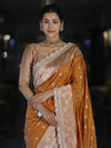 Banarasee Handloom Soft Silk Saree With Zari Buti Design Floral Border & Lace-Yellow