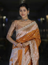Banarasee Handloom Soft Silk Saree With Zari Buti Design Floral Border & Lace-Yellow