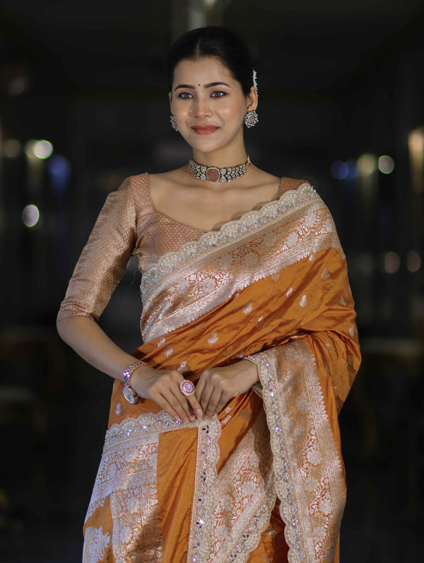 Banarasee Handloom Soft Silk Saree With Zari Buti Design Floral Border & Lace-Yellow