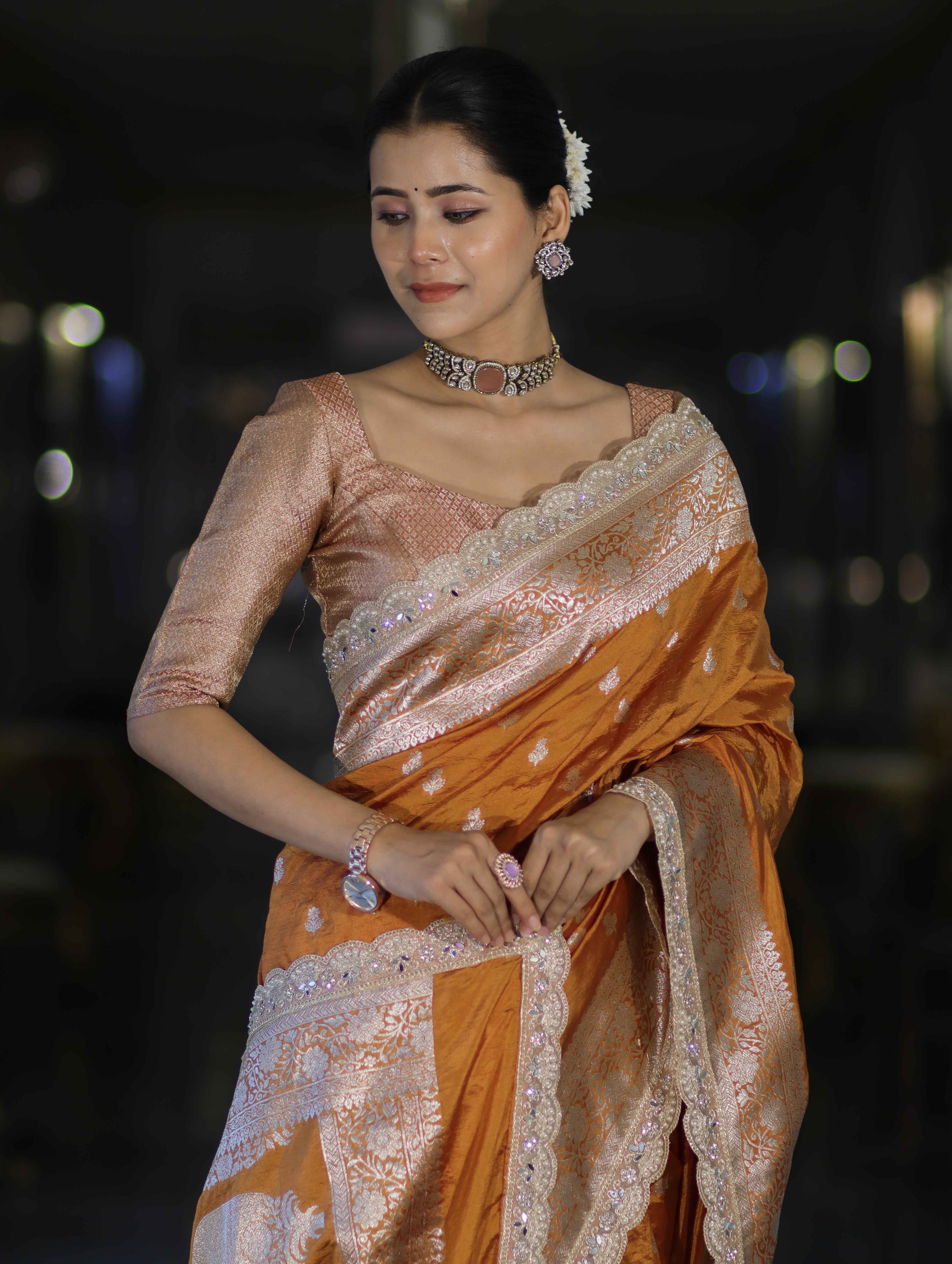 Banarasee Handloom Soft Silk Saree With Zari Buti Design Floral Border & Lace-Yellow