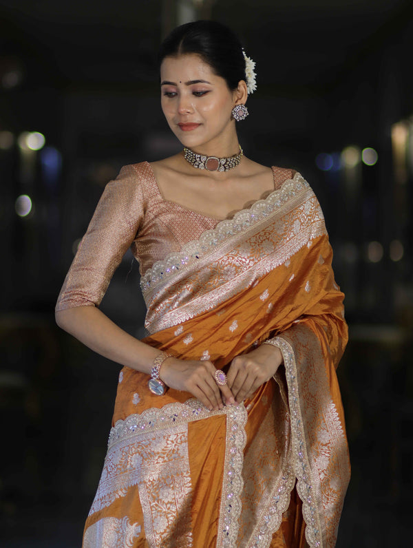 Banarasee Handloom Soft Silk Saree With Zari Buti Design Floral Border & Lace-Yellow