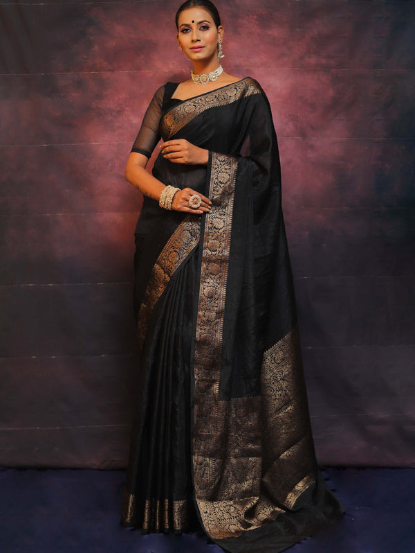 Banarasee Handwoven Semi Silk Plain Saree With Zari Border-Black