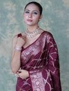Banarasee Handloom Semi Silk Saree With Zari Jaal Work & Floral Border-Burgundy