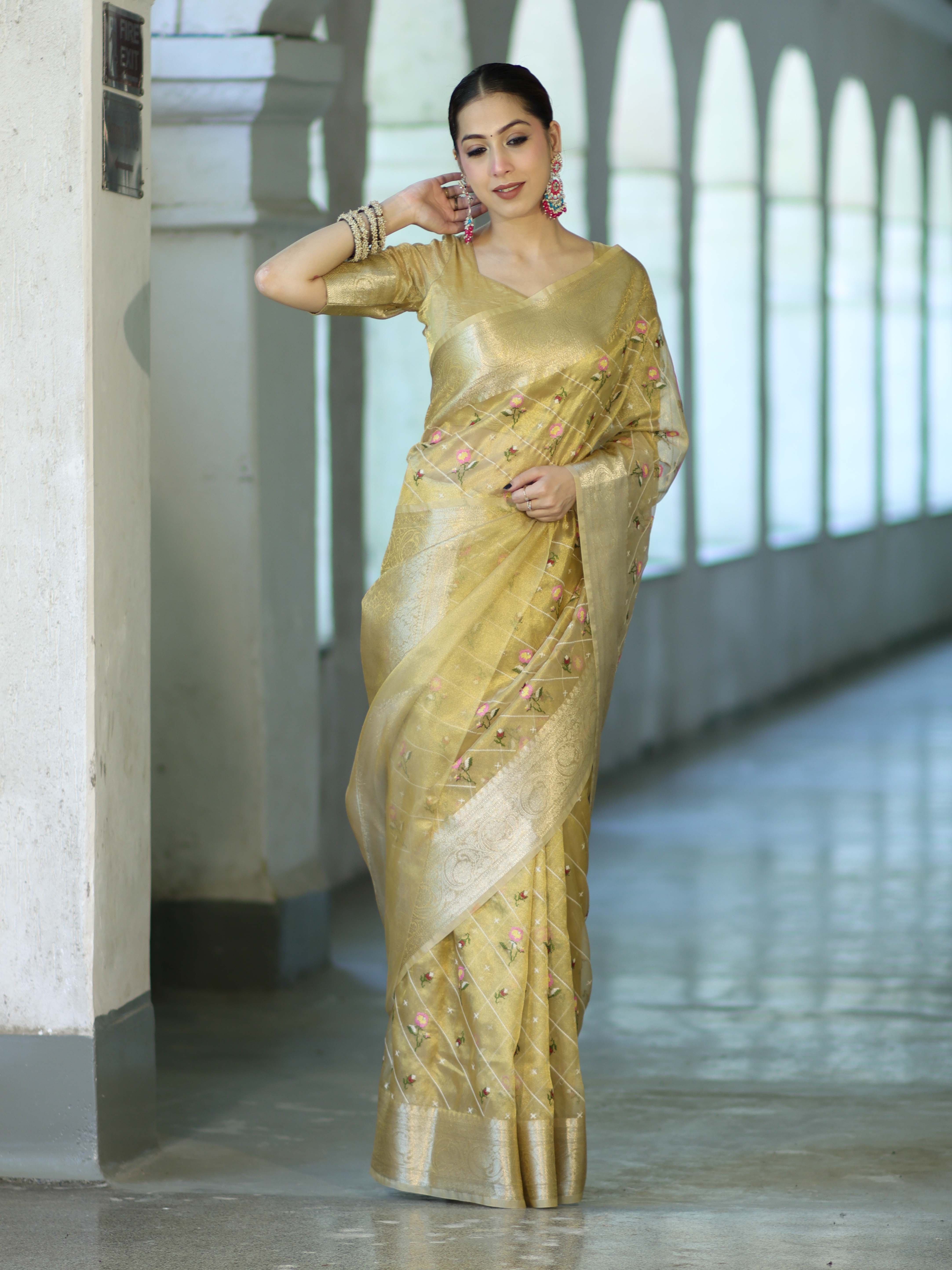Banarasee Handwoven Tissue Resham Floral Embroidered Saree-Gold